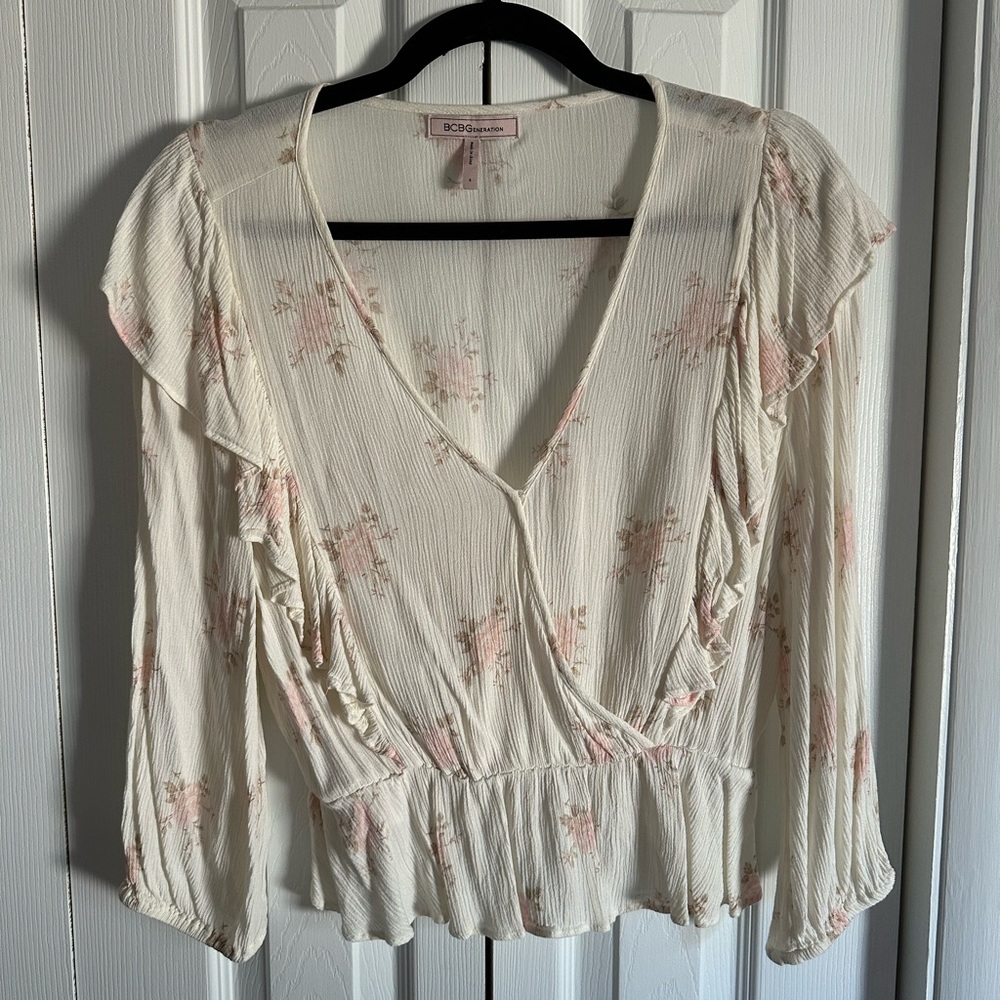 BCBGeneration Ivory and Pink Floral Blouse